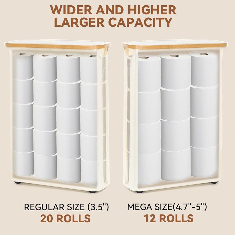 GARPROVM Toilet Paper Storage Basket with Lid, Slim Free Standing Toilet Roll Storage Holder Stand with See Through Window, Holds up to 20 Regular Rolls or 12 Mega Rolls Bathroom Organizer, Beige - Image 3